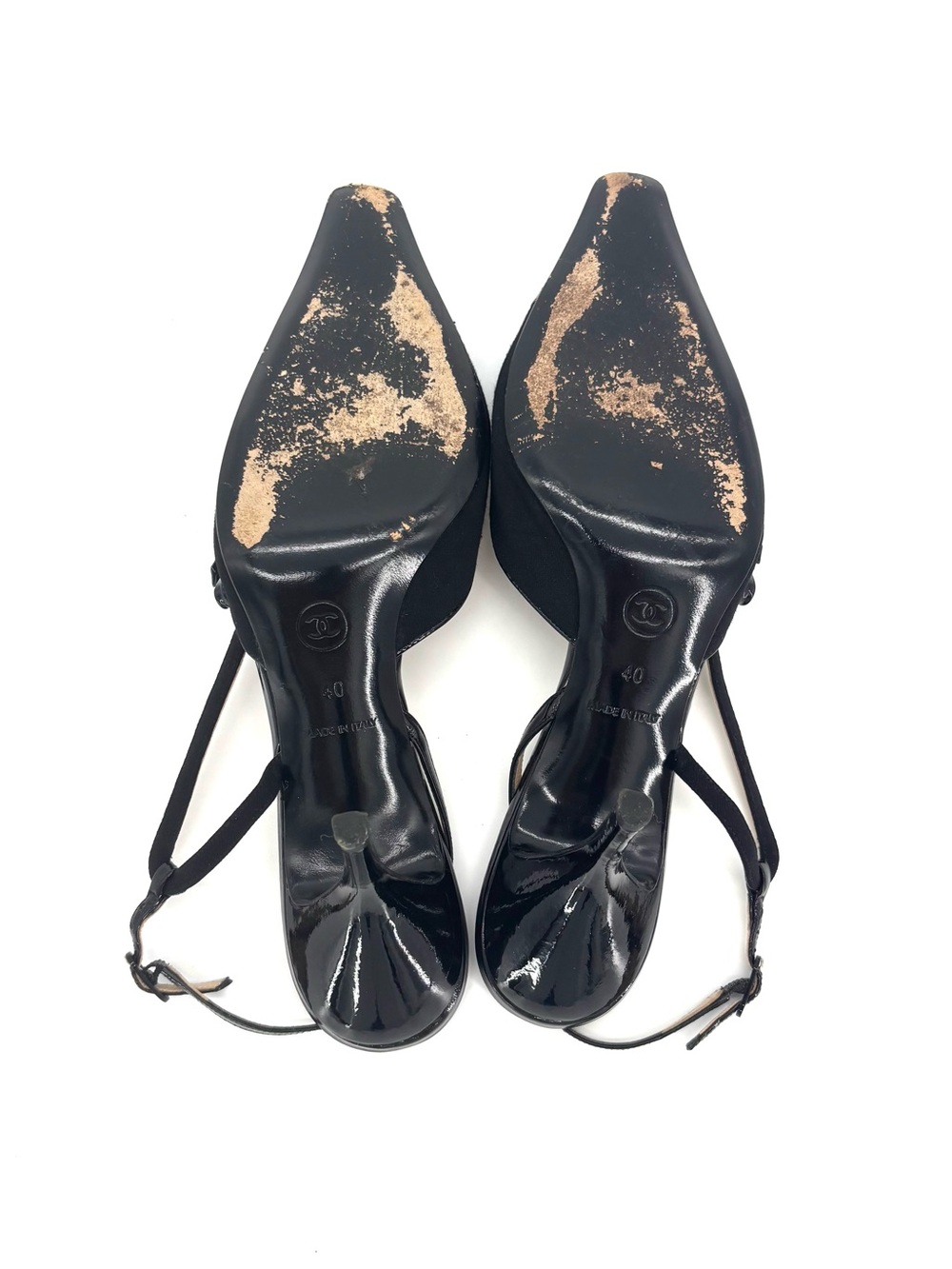 Chanel Vintage Bow CC Cap Toe Jersey Patent Pointed Toe Slingback Pumps 40 - Picture 9 of 10